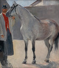 Study of a gray horse with a coachman by Jozef Hanula