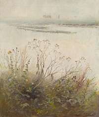 Shore of flooded river in blossom by László Mednyánszky