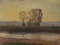Landscape at twilight with river and cluster of trees by László Mednyánszky