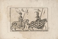 Two tournament knights: the first with a winged wreath, the second with horns on a helmet