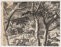 Landscape fragment with an old man traveling on a donkey, Jacopo Tintoretto