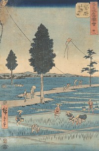 Kite-flying over the rice fields (28th sheet from the series of 53 well-known views of the western japan; work at the rice fields and children with kites by Utagawa Hiroshige