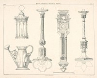 Design for a lantern, kettle, clock, candlesticks (from the gewerbe kunstblatt series)