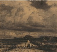 Landscape with a shepherdess and a herd of sheep by Lajos Csordák