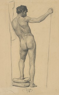 Study of a male nude leaning on a stick by Jozef Hanula