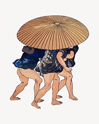People Walking Beneath Umbrellas Along the Seashore During a Rainstorm, Japanese ukiyo-e woodblock print by Utagawa Kuniyoshi. Remixed by rawpixel.
