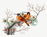 Birds on tree branch bird, vintage animal collage element psd