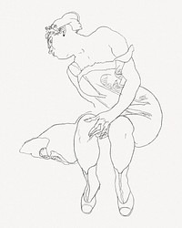 Seated Woman in Corset and Boots clipart, line art drawing by Egon Schiele psd. Remixed by rawpixel.