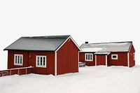 Snowy red cabins, border background  psd