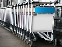 Luggage trolley at the airport with sign mockup