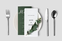 Wedding menu card mockup, flat lay, white and green design, psd