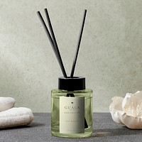 Label mockup psd, home aroma reed diffuser bottle