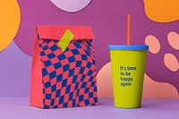 Funky paper bag, cup mockup, takeaway food packaging psd