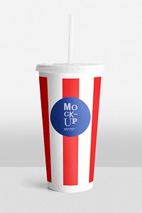 Red and white striped disposable soft drink cup design space mockup