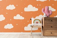 Cloud patterned wall in kids room