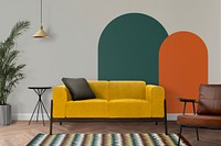 Living room wall mockup, colorful interior design psd