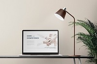 Laptop screen mockup psd on a desk minimal home office zone design