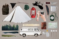 Camping travel aesthetic collage element set psd