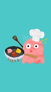 Breakfast chef monster mobile wallpaper, cute cartoon illustration