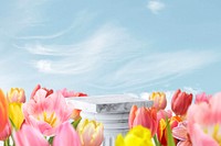 Spring flower field product background, 3D podium illustration psd