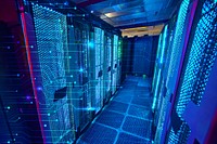 Supercomputer room, smart technology, digital remix
