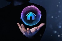 Home bubble in man's hand, digital remix
