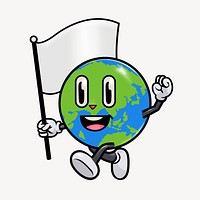 Globe holding white flag, world peace cartoon illustration