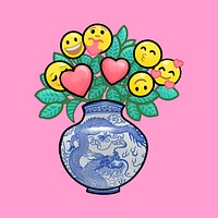 Emoticon flower vase, love collage element psd