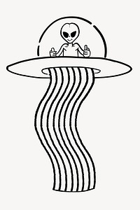 Alien flying UFO, funky cartoon illustration