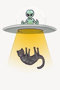 Alien stealing cat, funky cartoon illustration