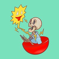 Skeleton holding smartphone, social media addiction psd