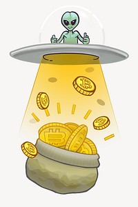 Alien stealing money, funky illustration