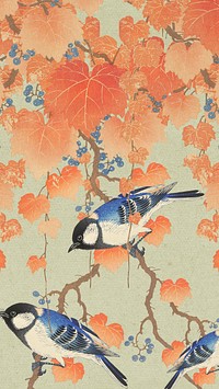 Ohara Koson's bird phone wallpaper, Great tit on paulownia branch illustration, remixed by rawpixel