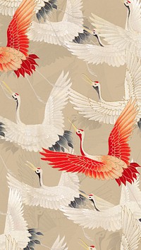 Vintage flying cranes phone wallpaper, bird pattern background, remixed by rawpixel