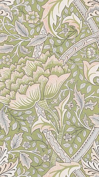 William Morris' Windrush iPhone wallpaper, green botanical pattern background, remixed by rawpixel