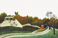 Sawmill, Outskirts of Paris background, Henri Rousseau's illustration border, remixed by rawpixel