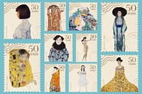 Vintage postage stamp, Gustav Klimt's  famous painting set psd, remixed by rawpixel