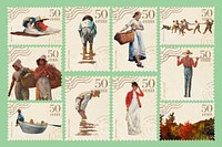 Postage stamp, Winslow Homer's famous painting set psd, remixed by rawpixel