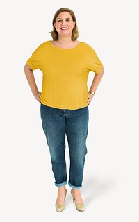 Happy woman wearing yellow t-shirt, full body model