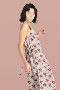 Long dress mockup psd floral pattern, remix from artworks by Megata Morikaga