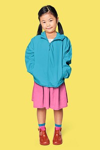 Girl's blue jacket psd full body mockup in studio