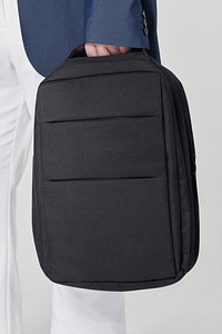 Psd model holding black laptop backpack  mockup
