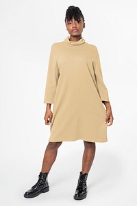 Long sleeve dress mockup psd in beige casual wear full body