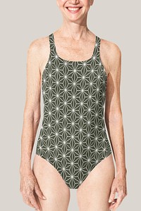 Green one-piece swimsuit mockup psd senior women&rsquo;s summer apparel