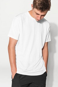 White tee mockup psd for boys basic teen&rsquo;s apparel studio shoot