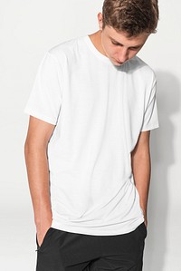 White tee mockup psd for boys basic teen’s apparel studio shoot