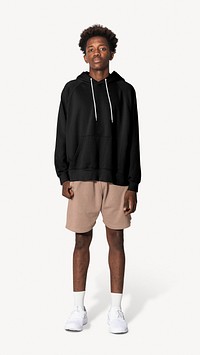 Black hoodie, winter youth apparel in full body