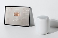 Tablet screen mockup psd with smart speaker