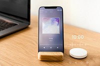 Smartphone screen mockup psd with smart speaker innovative future technology