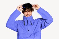 Happy man wearing purple snowboard jacket, winter fashion